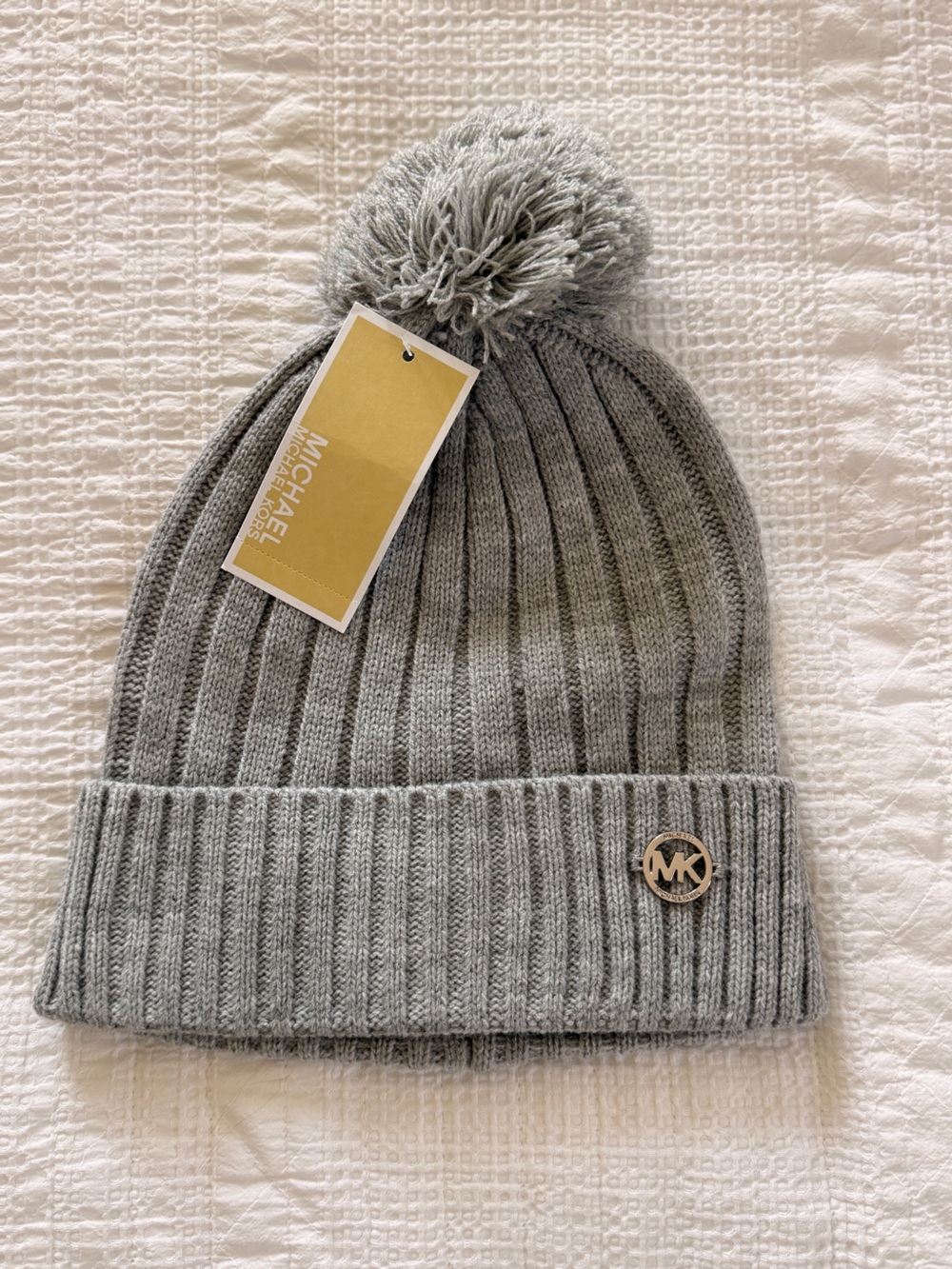Michael Kors Light Gray Ribbed Pom Beanie